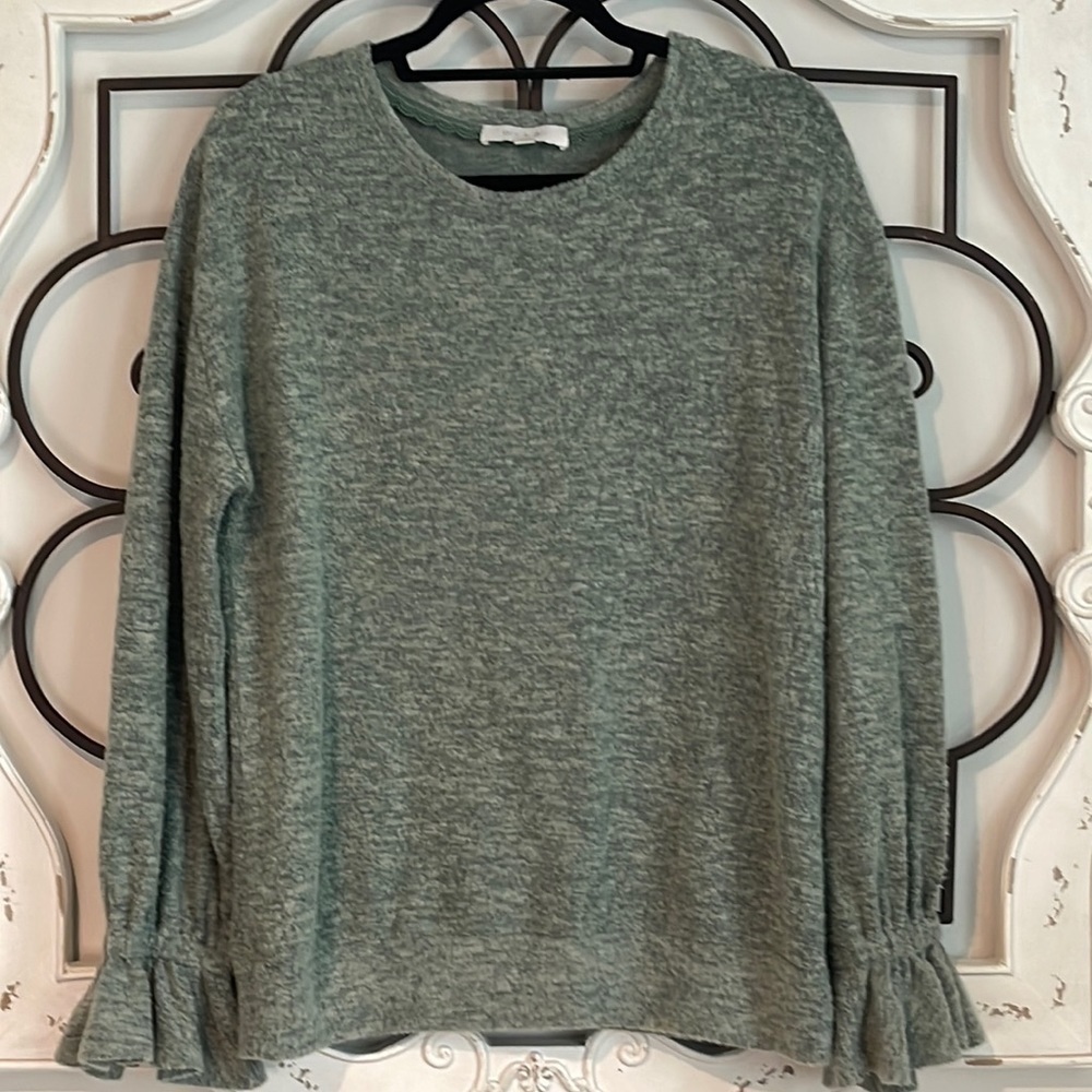 ANTHROPOLOGIE ERI + ALI SASHA HACCI FUZY PULLOVER SWEATER GREEN/GRAY SIZE MEDIUM